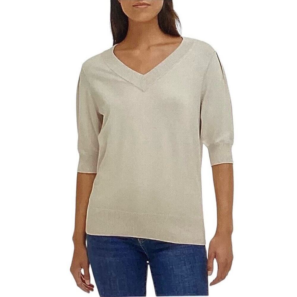 ☀️DKNY Sweater Puff Sleeves V-Neck Lightweight Knit Birch Cream Sweater XXL